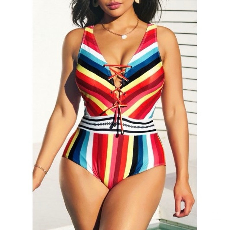 Nwt Rosewe Colorful Striped Lace Up Wide Strap One Piece Swimwear. Size M.